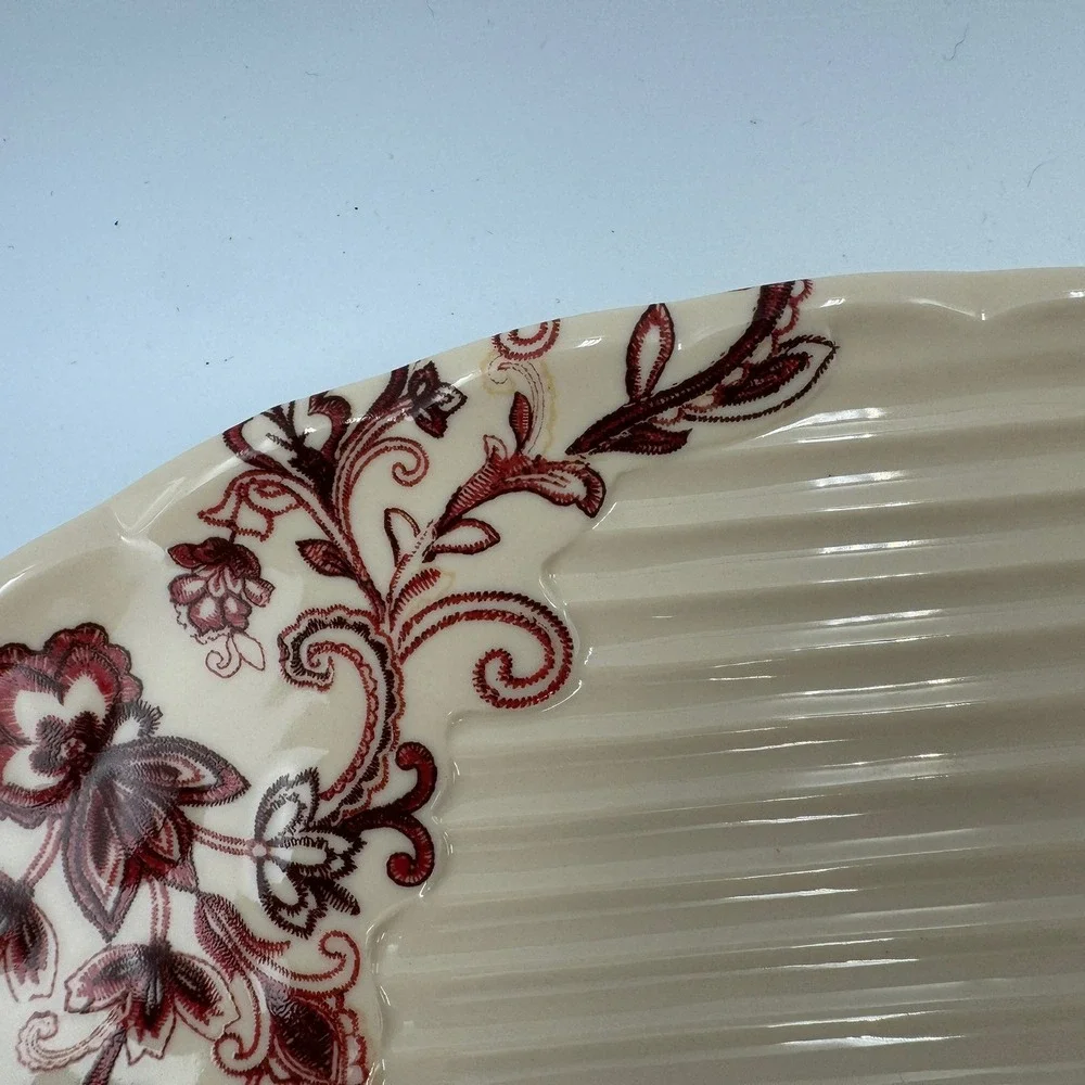 Reba Cream Ceramic Oval Serving Platter Burgundy Floral Scalloped Ribbed Serving
